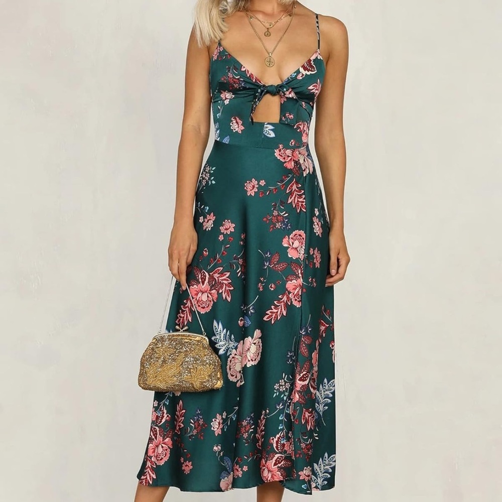 🆕 Spaghetti Strap Midi Satin Floral Sun Dress